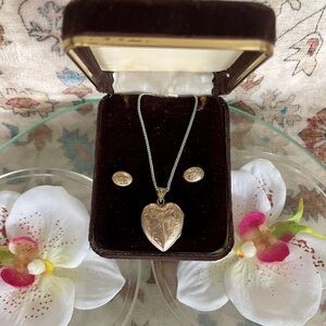 Antique Silver Locket & Earings Heart Pendant Necklace